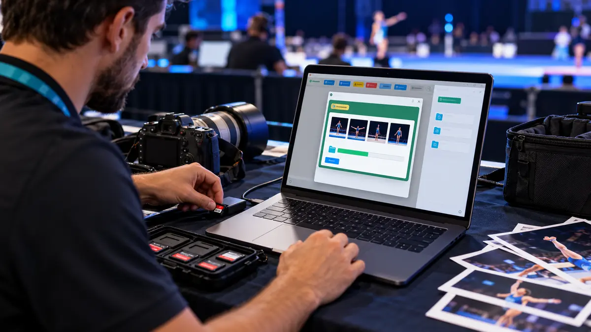 Fotografo che importa le immagini dalla scheda di memoria nel software D20 durante un evento