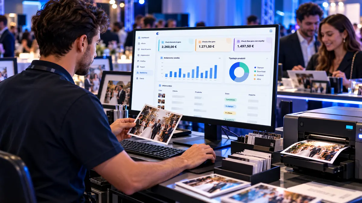 Operatore che controlla ordini vendite e stampe fotografiche durante un evento con D20